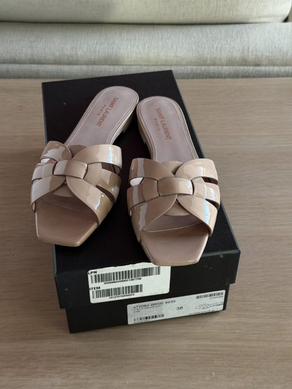 Saint Laurent Tribute Flat Slides Nude Patent Leather 38